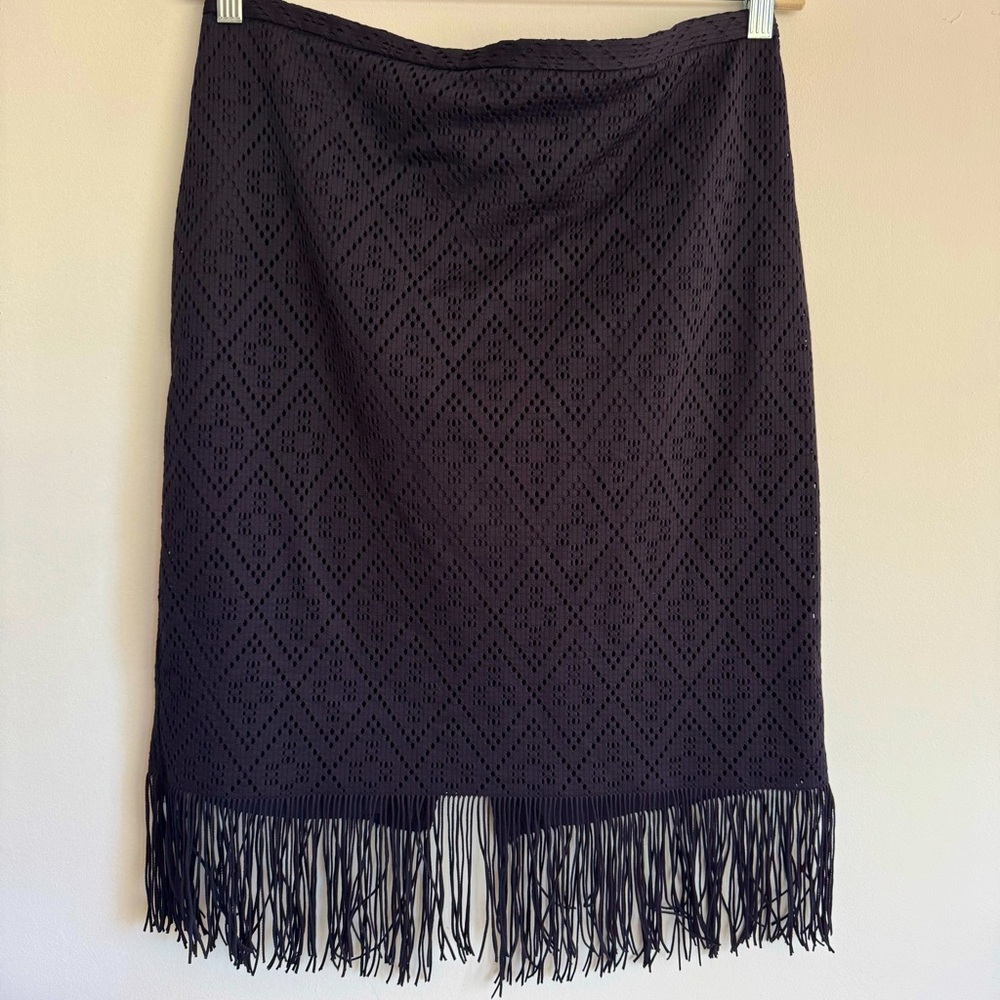 W by Worth Midnight Navy Blue Eyelet Fringe Skirt Dressy Office City Size 12